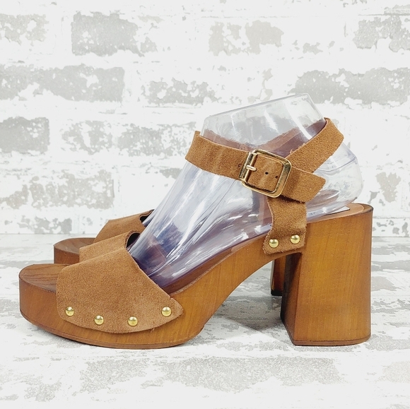 New Steve Madden Alabama Platform Suede Tan Strap Wooden Studded Sandals F904 - Picture 1 of 11